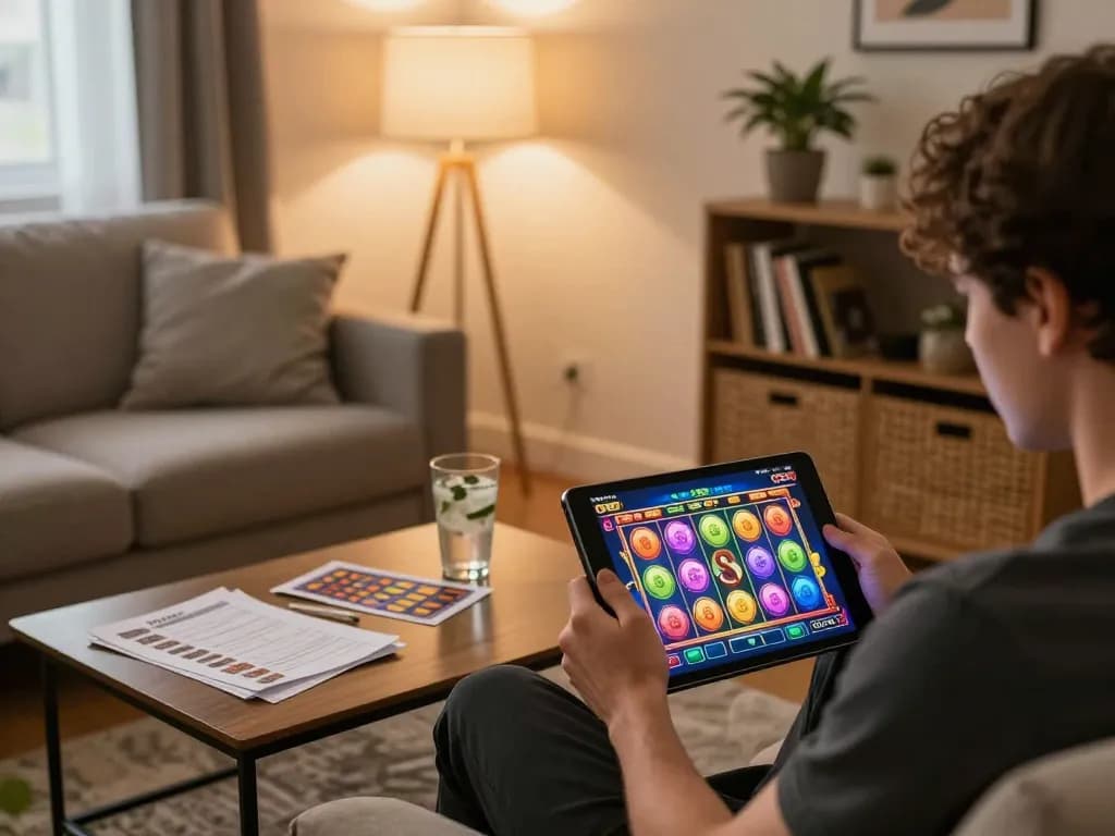 Engaging in exciting online gaming at gg88's platform on a tablet in a cozy home setup.