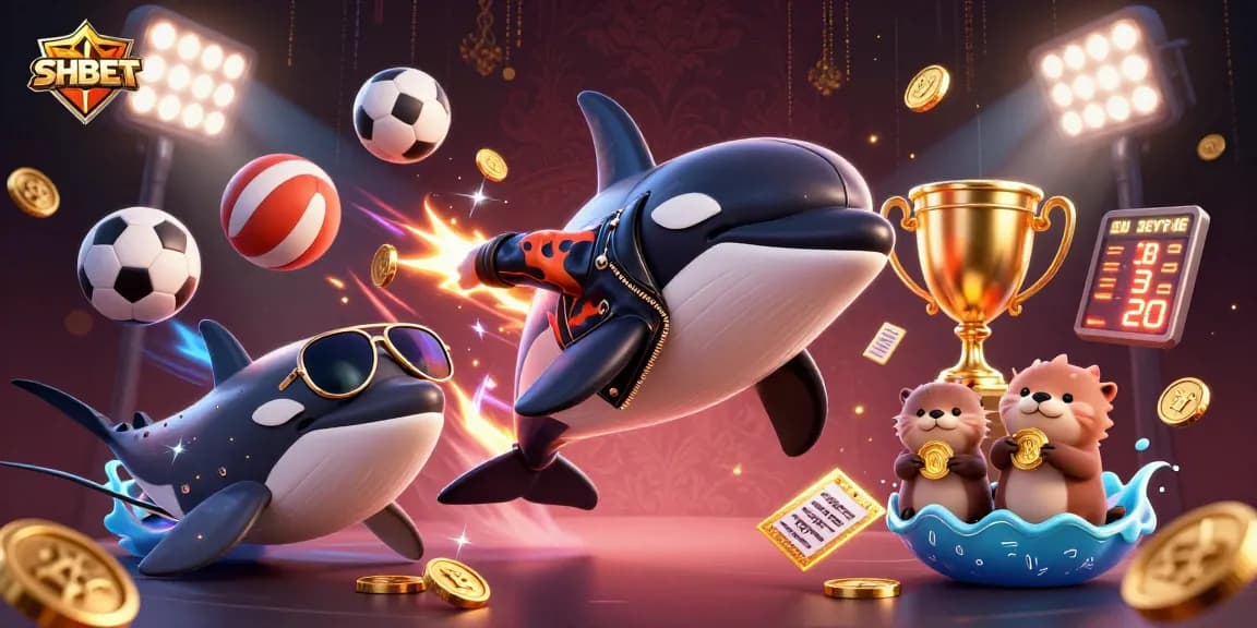 SHBET online casino scene with a jumping orca whale, stingray, and otters holding coins