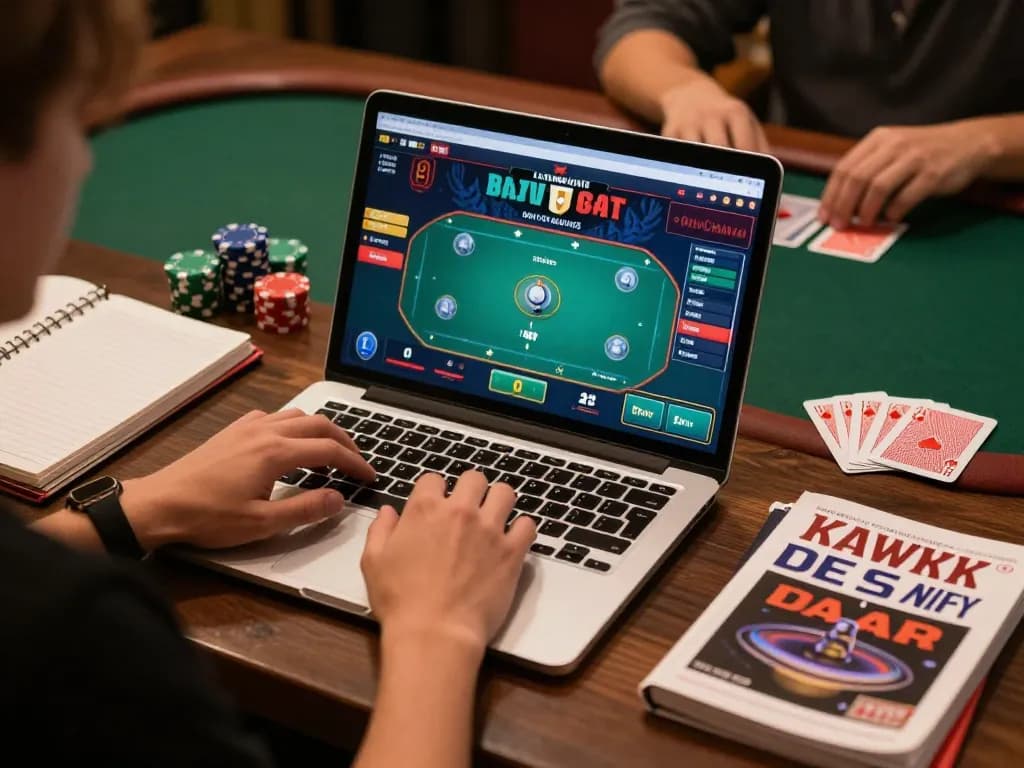 Player strategizing for poker on 33win app during online gaming session with chips and notes