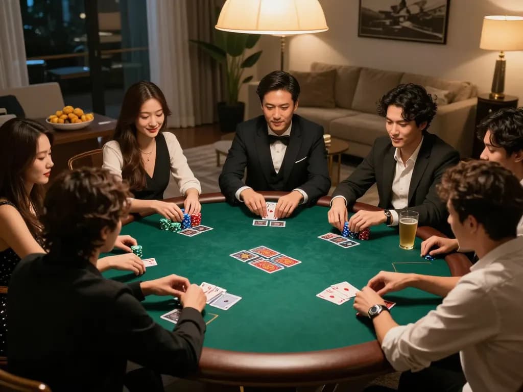 Friends enjoying a Hay88 poker night, showcasing excitement and strategy in a cozy home setting.