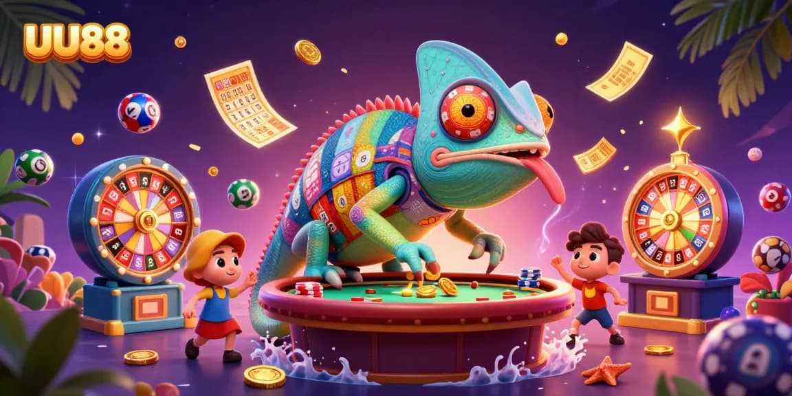 Experience thrilling casino excitement with UU88, featuring a vibrant chameleon owner and dynamic game elements.