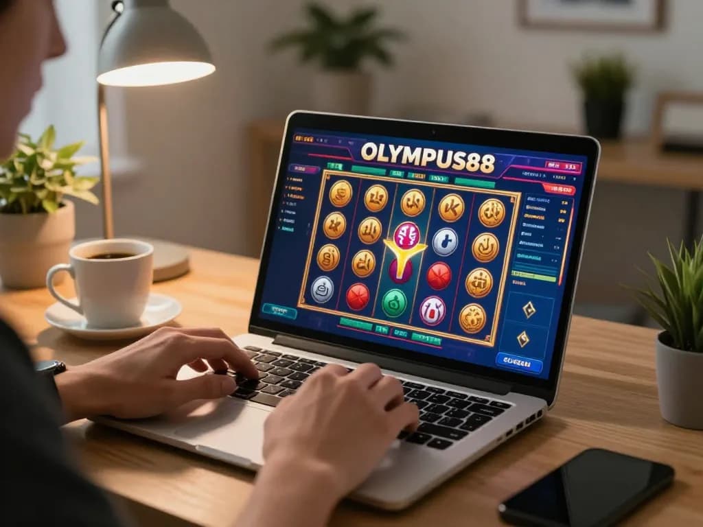 Engaging with OLYMPUS88's online slot game interface in a cozy home environment.
