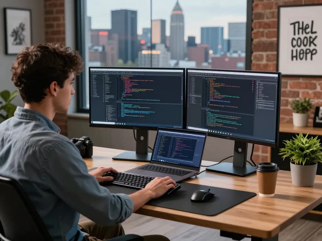 Tech workspace with programmer coding on monitors, showcasing juicy ai applications in a modern office.