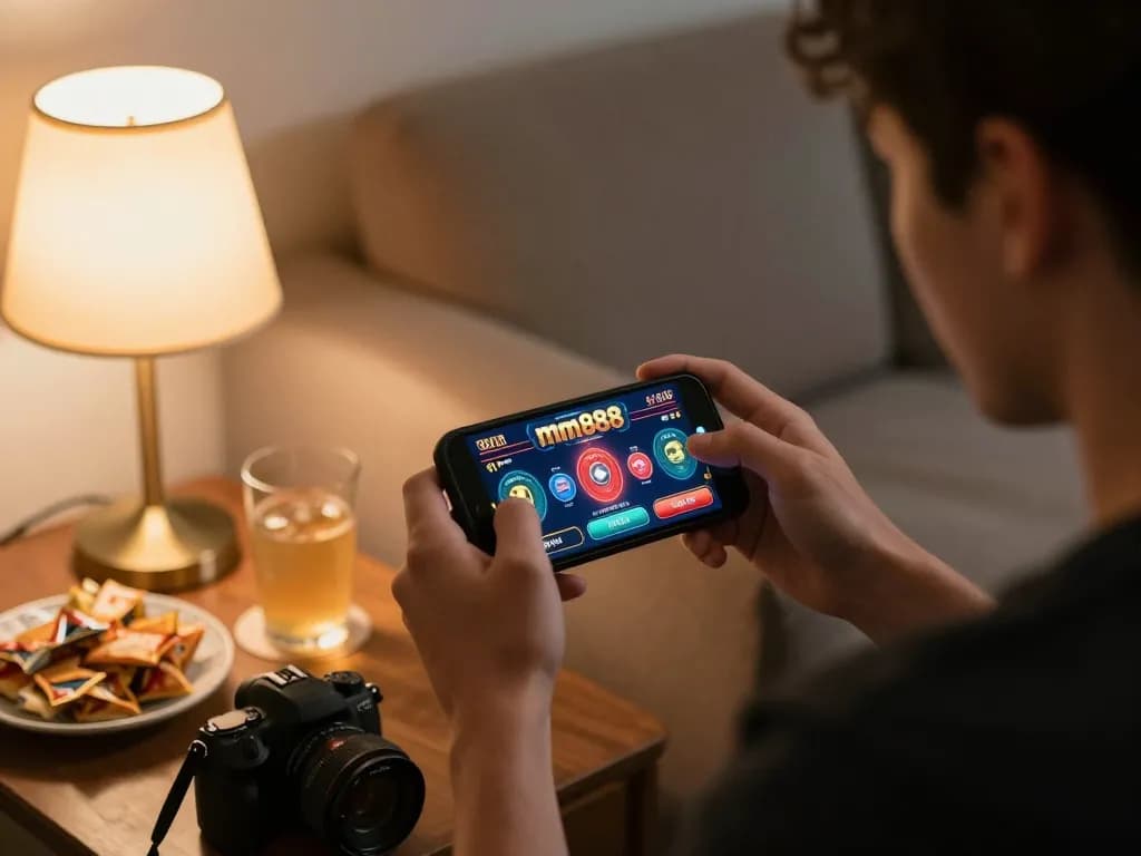 Players enjoying mobile gaming on mm888 with snacks and drinks in a cozy home setting.