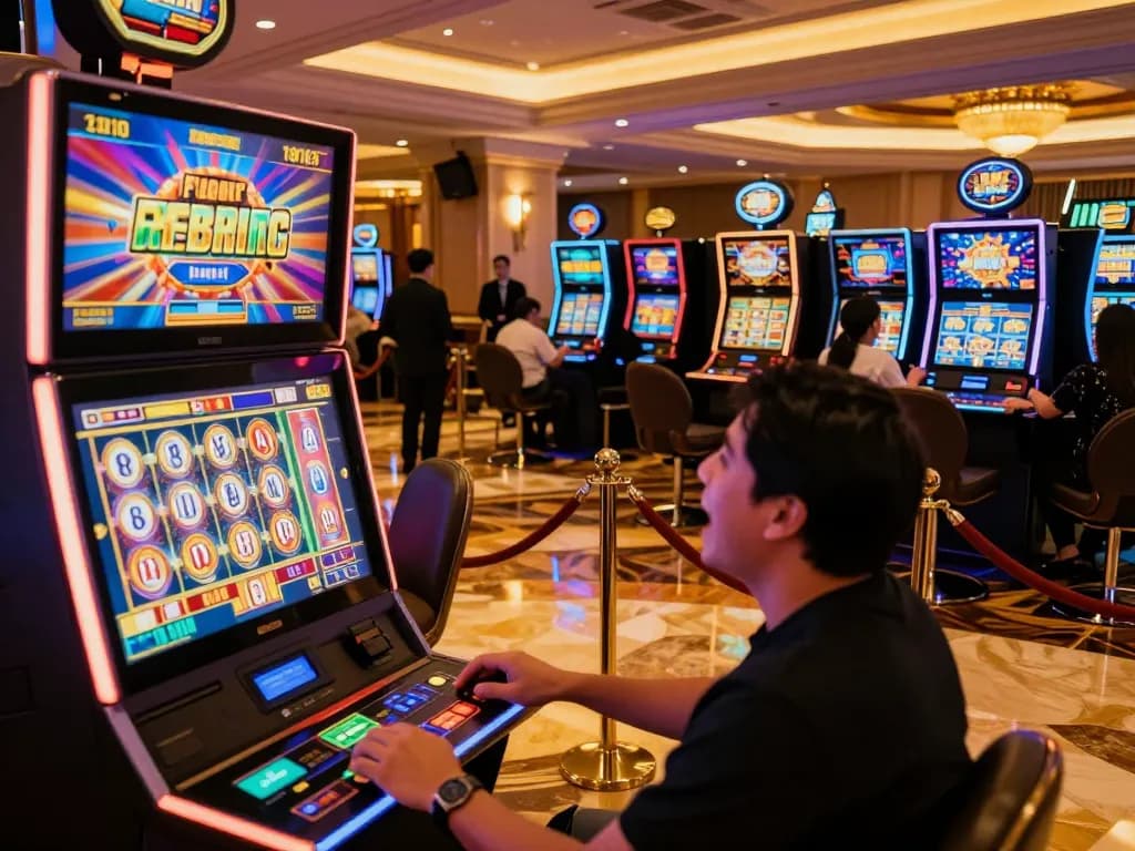 Experience the thrill of kdslot77 as players celebrate wins at vibrant slot machines.