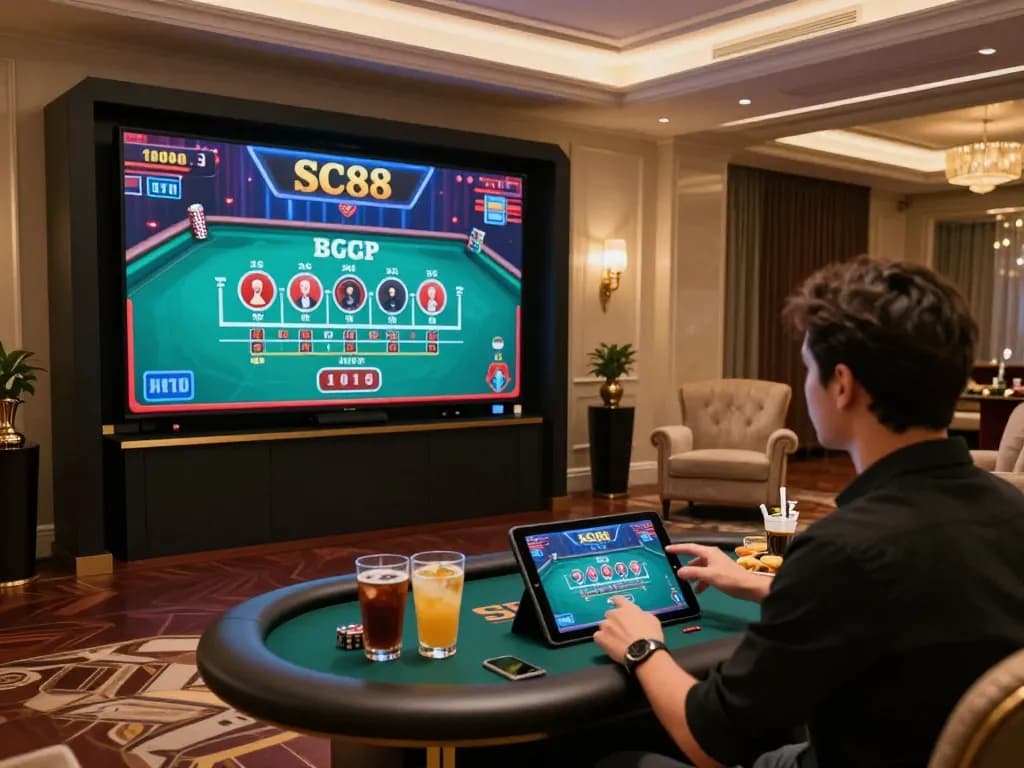 Engaging in Baccarat at SC88, a player interacts with the live dealer via tablet screen.