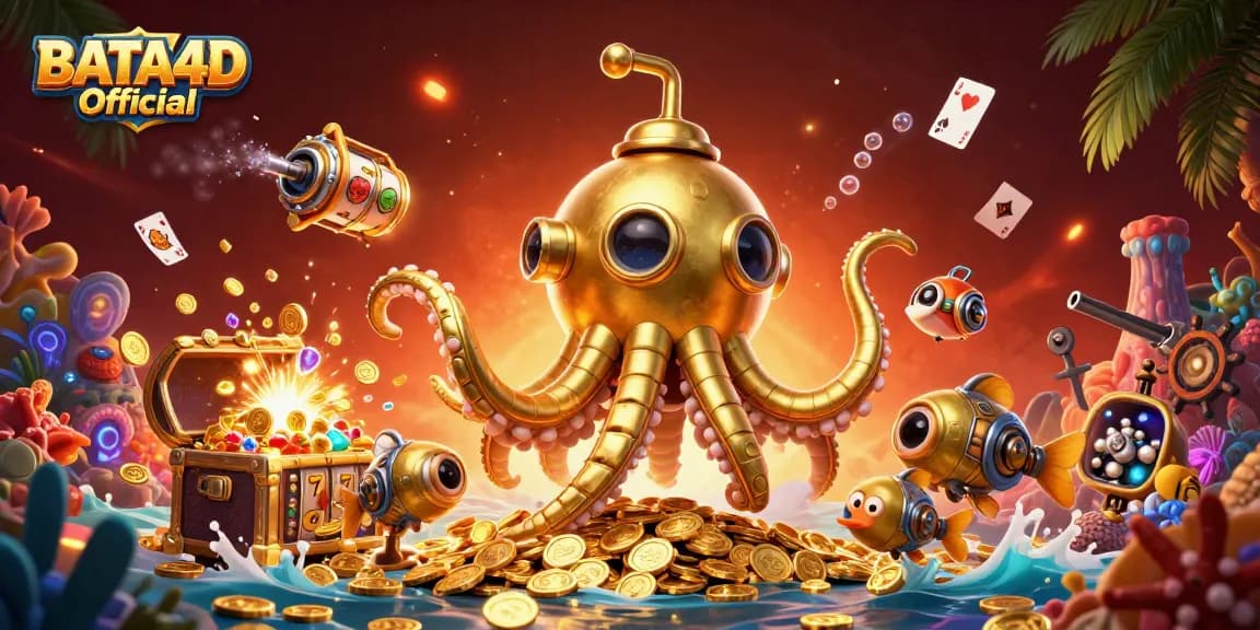 BATA4D Official menghadirkan suasana kasino dengan simbol jackpot dan karakter menarik di lautan koin.
