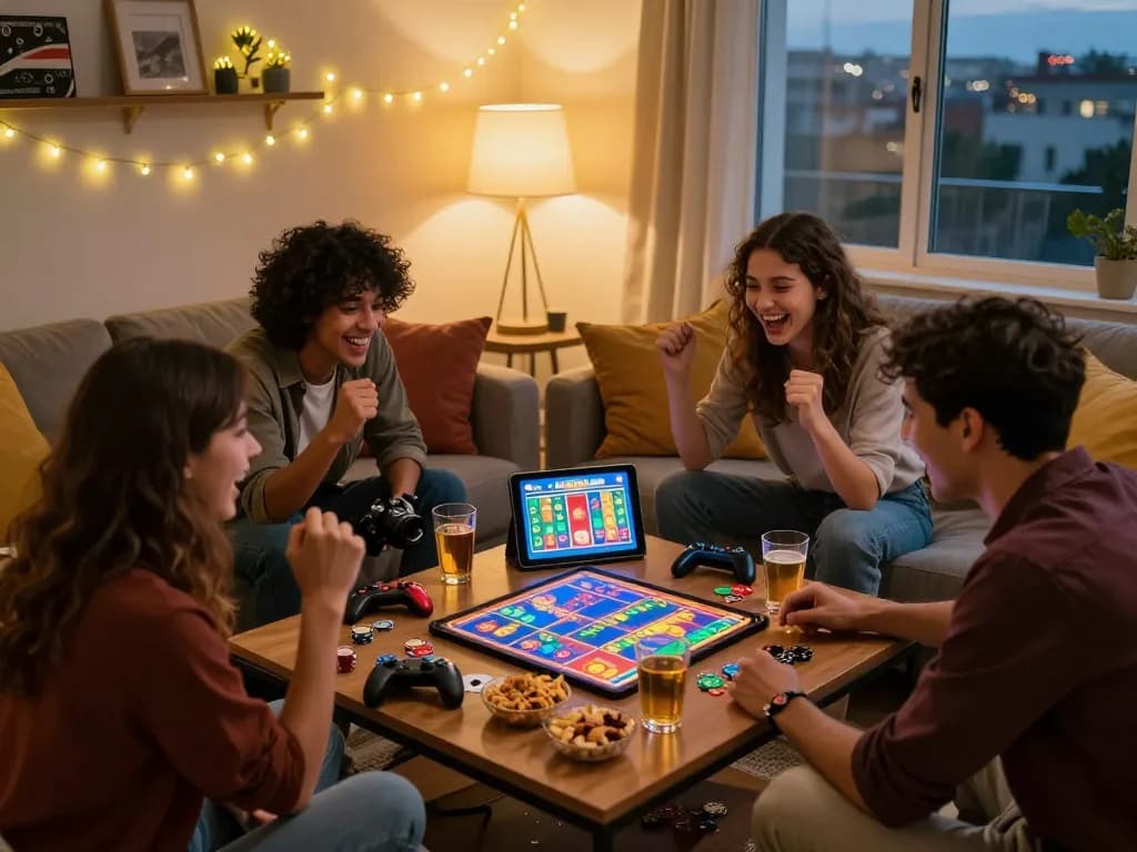 Group of friends enjoying link slot games at a cozy home gaming area