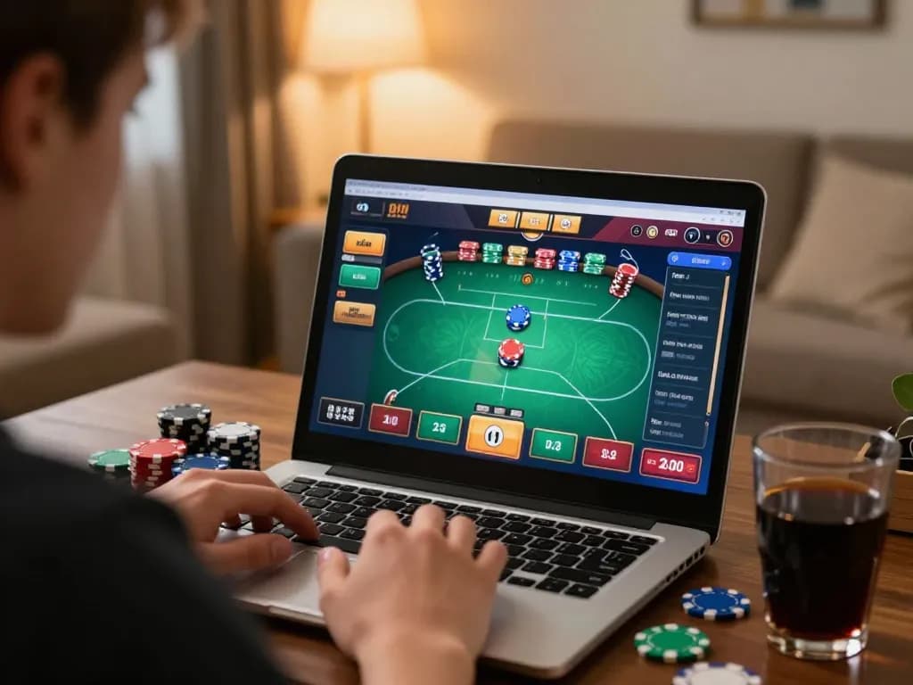 Player engaged in online poker gameplay on fabet platform, showcasing strategic betting at home.