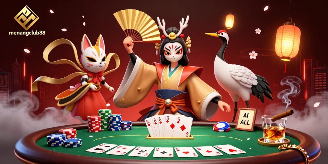 Experience thrilling gameplay at menangclub88 with an energetic poker scene featuring kabuki warriors and vibrant betting elements.