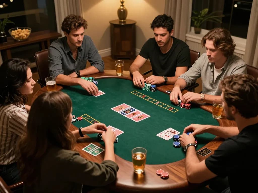 megaplus88 poker night atmosphere with friends playing Texas Hold'em, excitement and strategy in action