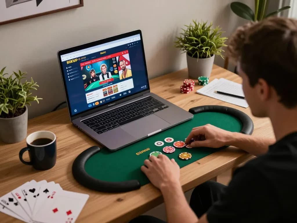 Users engaging in online poker at RIKVIP showcasing a dynamic gaming experience with cozy home setup.