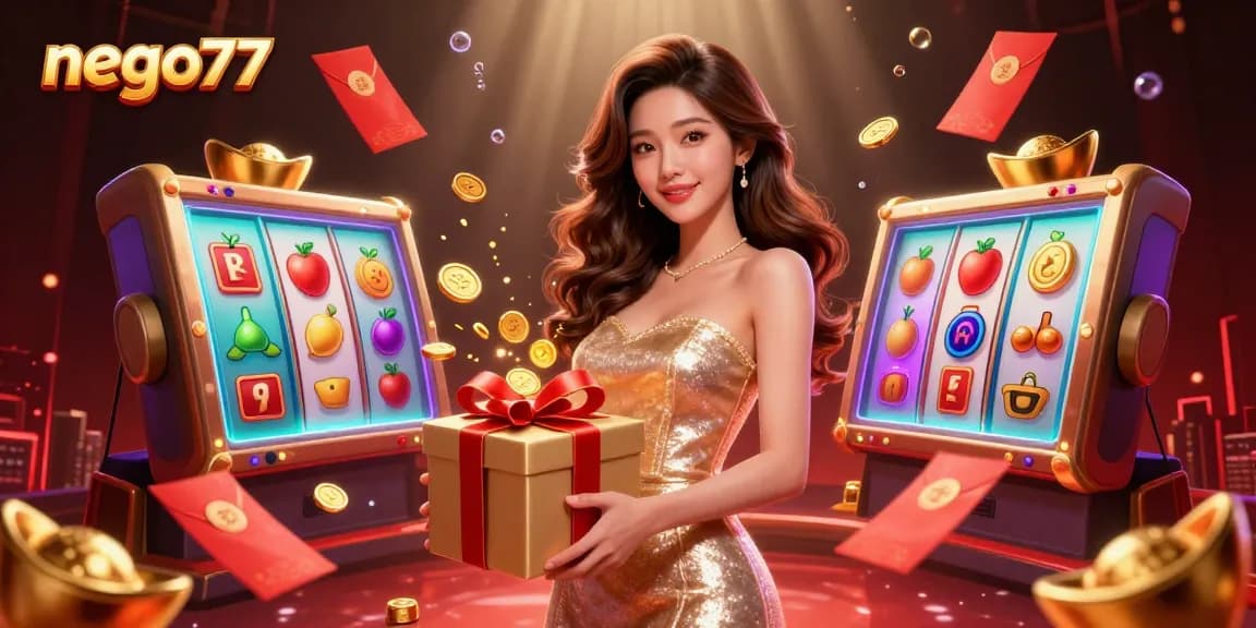 Engage with nego77 for exciting slot games featuring a stunning model amidst festive celebrations.