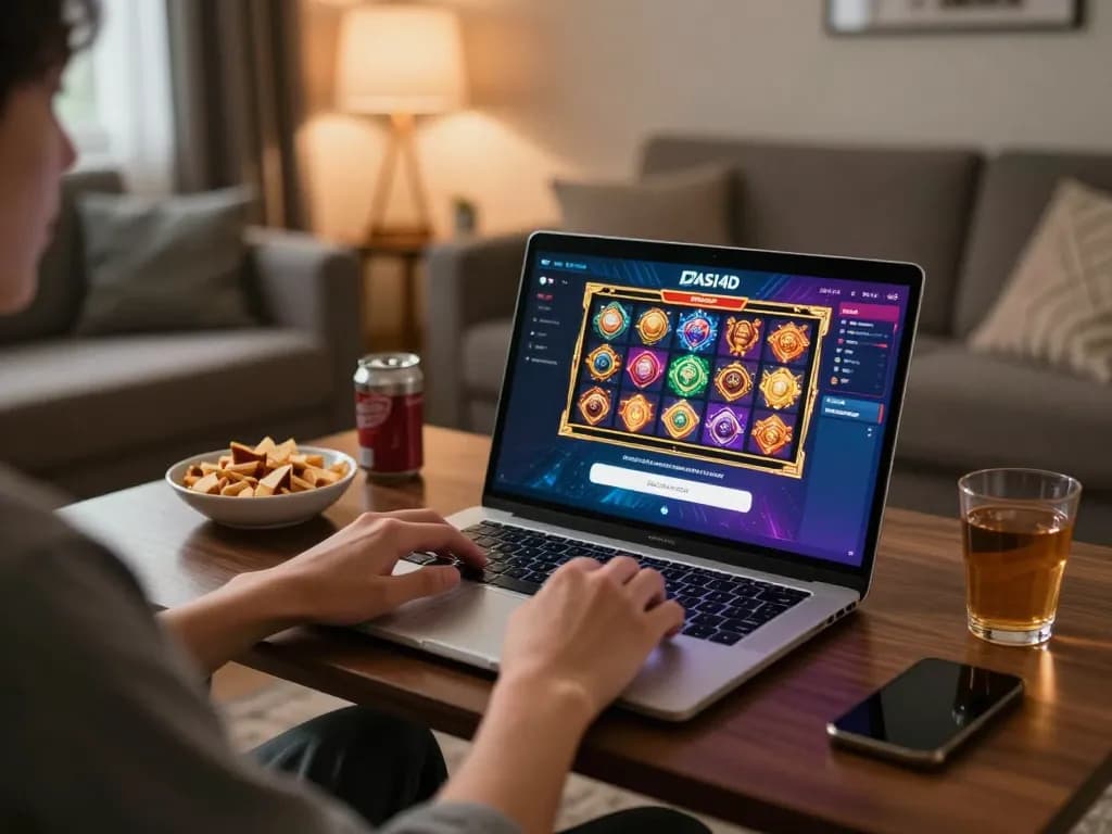 Login DASI4D menunjukkan aktivitas permainan slot online, suasana rumah yang hidup dengan gameplay yang menarik.
