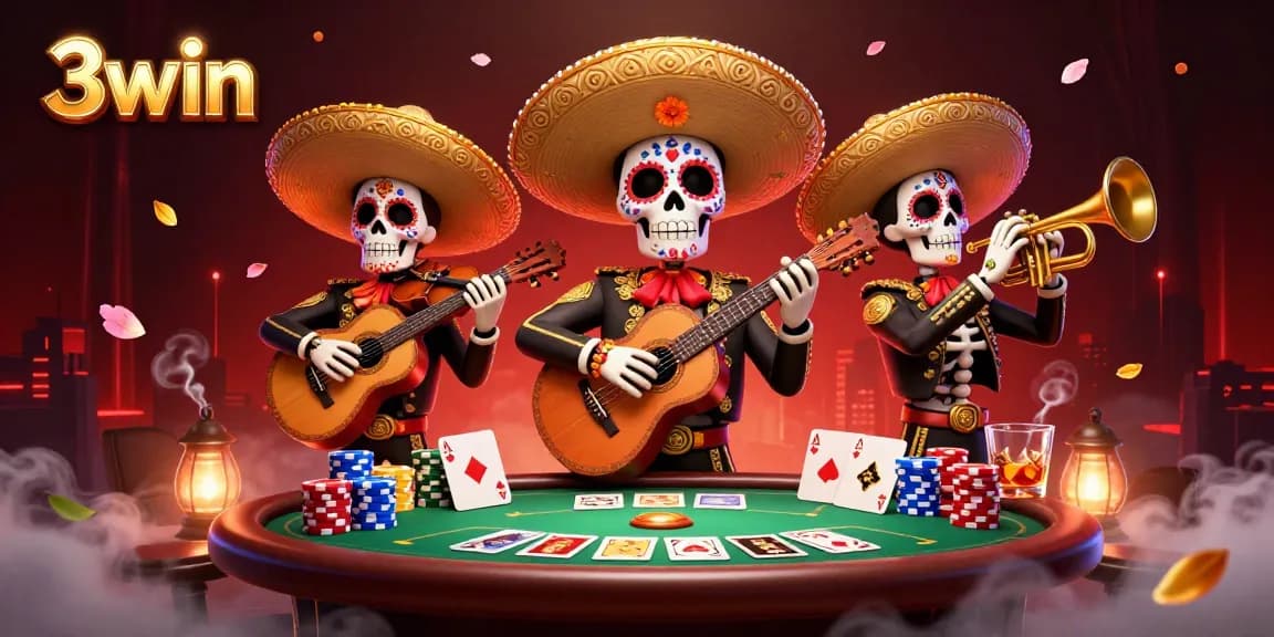Engage in thrilling poker action with 3win's lively mariachi skeleton band amidst vibrant gaming elements.
