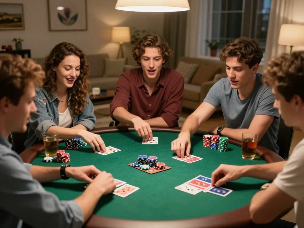 Friends playing exciting poker game illustrating slot 5k strategy during cozy night.