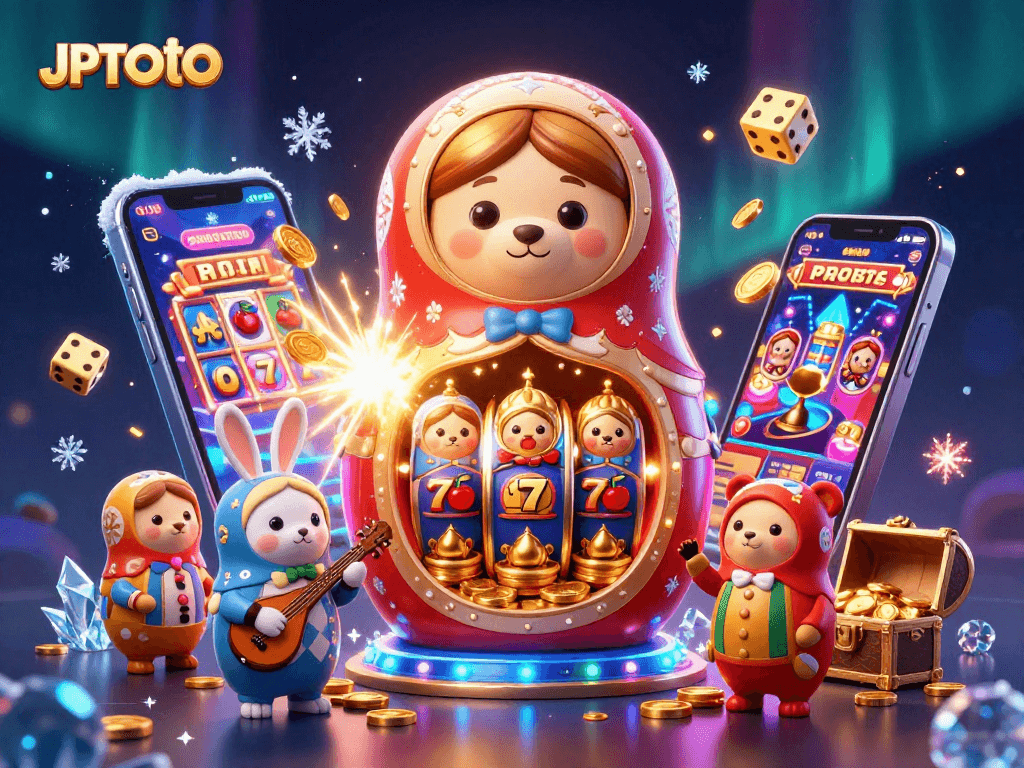 Engage with JPTOTO's vibrant casino scene featuring cartoon bears, a jackpot explosion, and festive gaming elements.