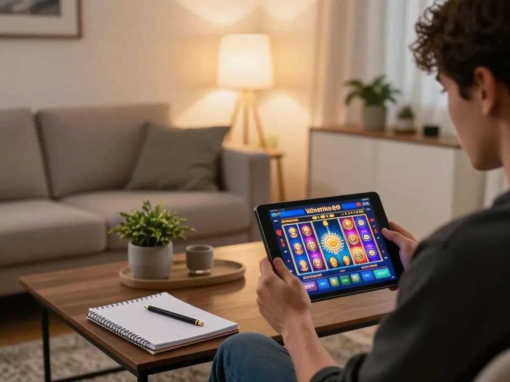 Engaging with winstrike69 slot games on a tablet in a cozy home gaming setup