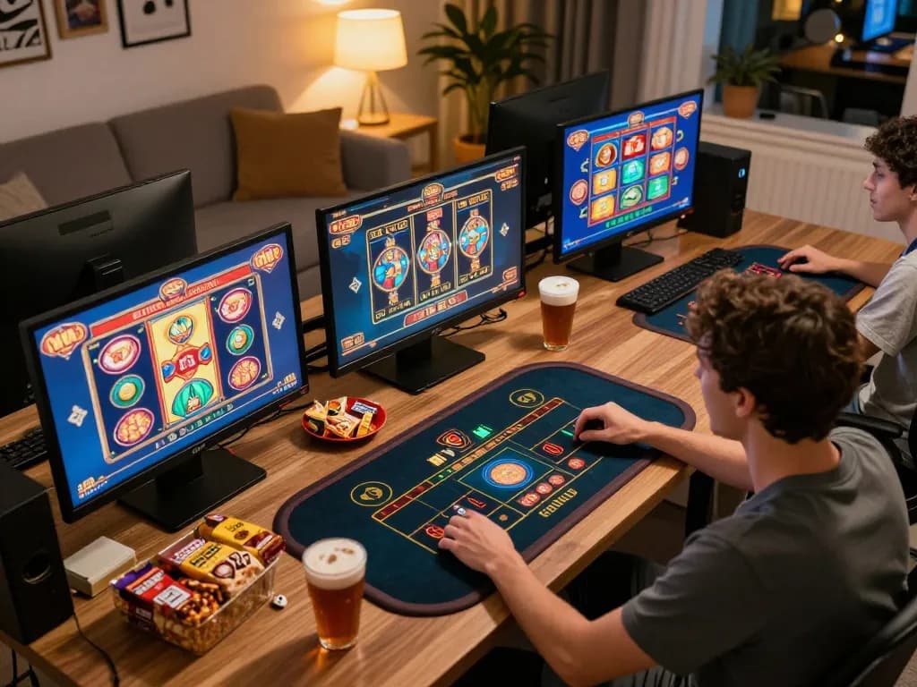 Engaging online gaming action at bet88, showcasing thrilling gameplay on multiple screens in a cozy home office.