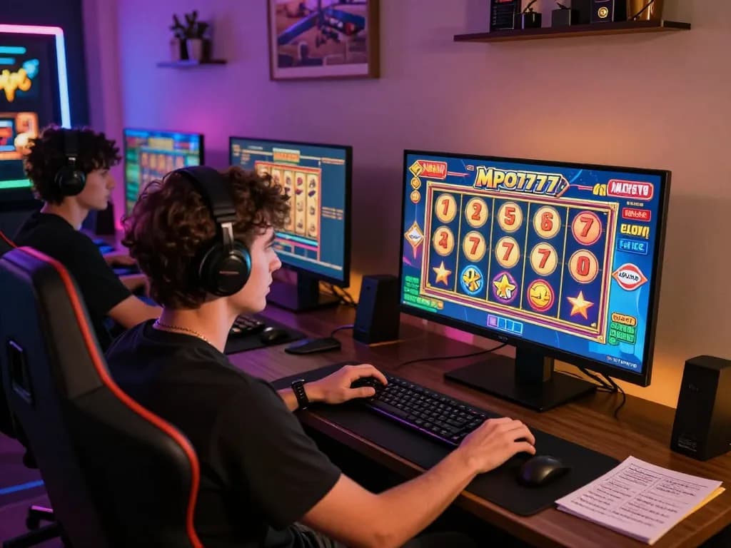 Player celebrating a win while playing slot mpo777 in a vibrant online casino setup