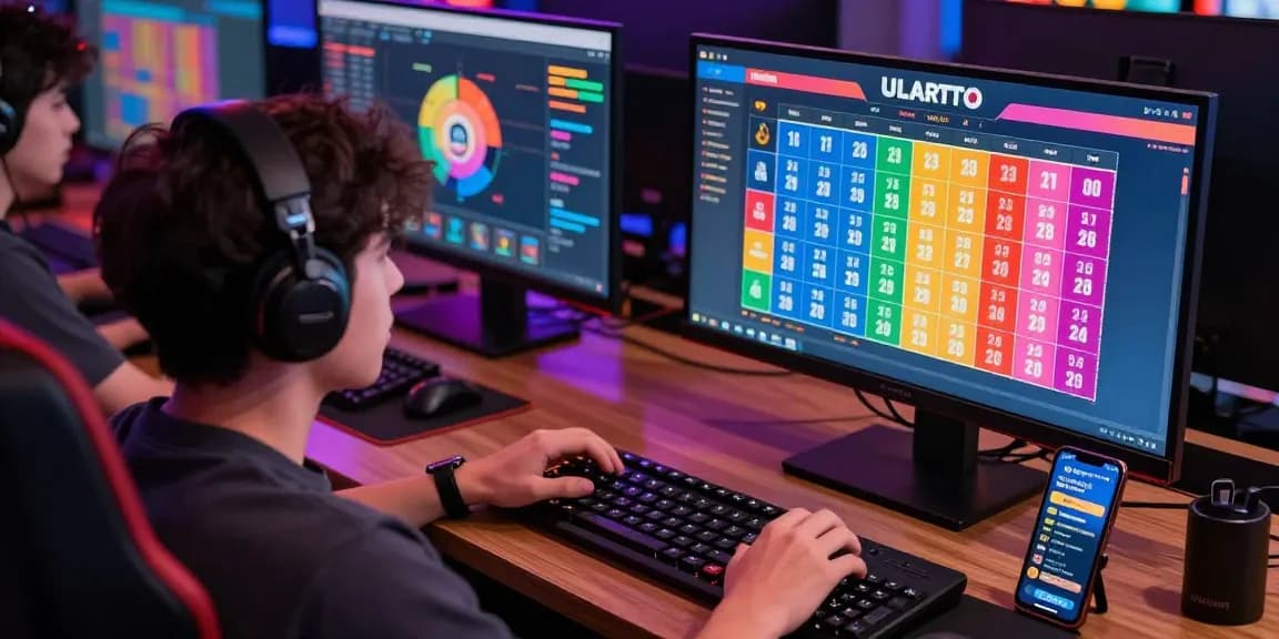 Engaged player enjoying ulartoto togel on multiple screens with vibrant interface.