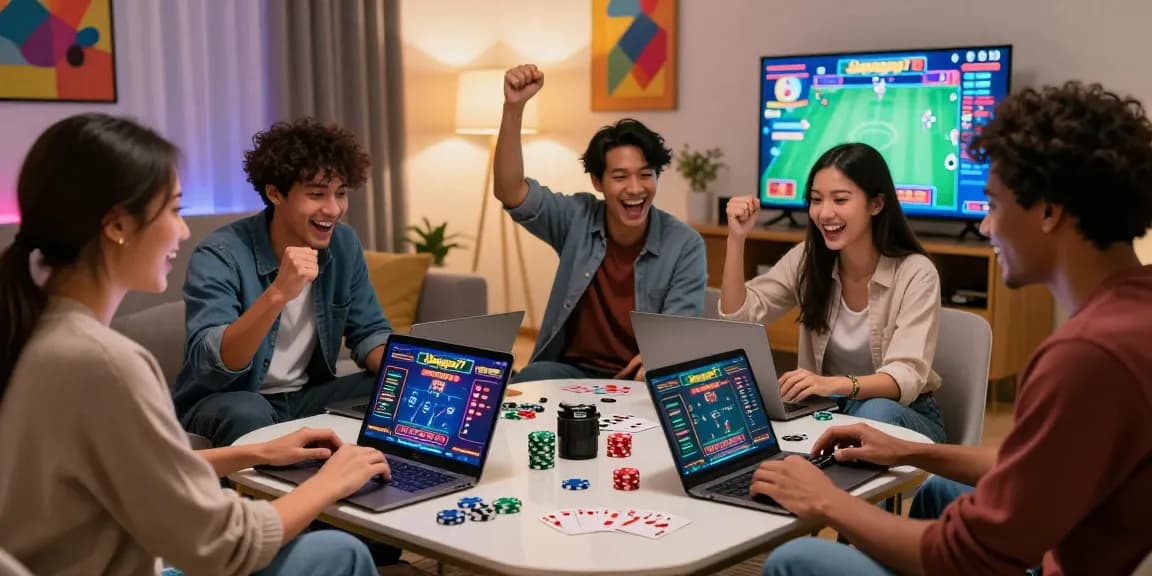 Juragan77: Teman-teman bermain game kasino di ruang tamu yang hangat.