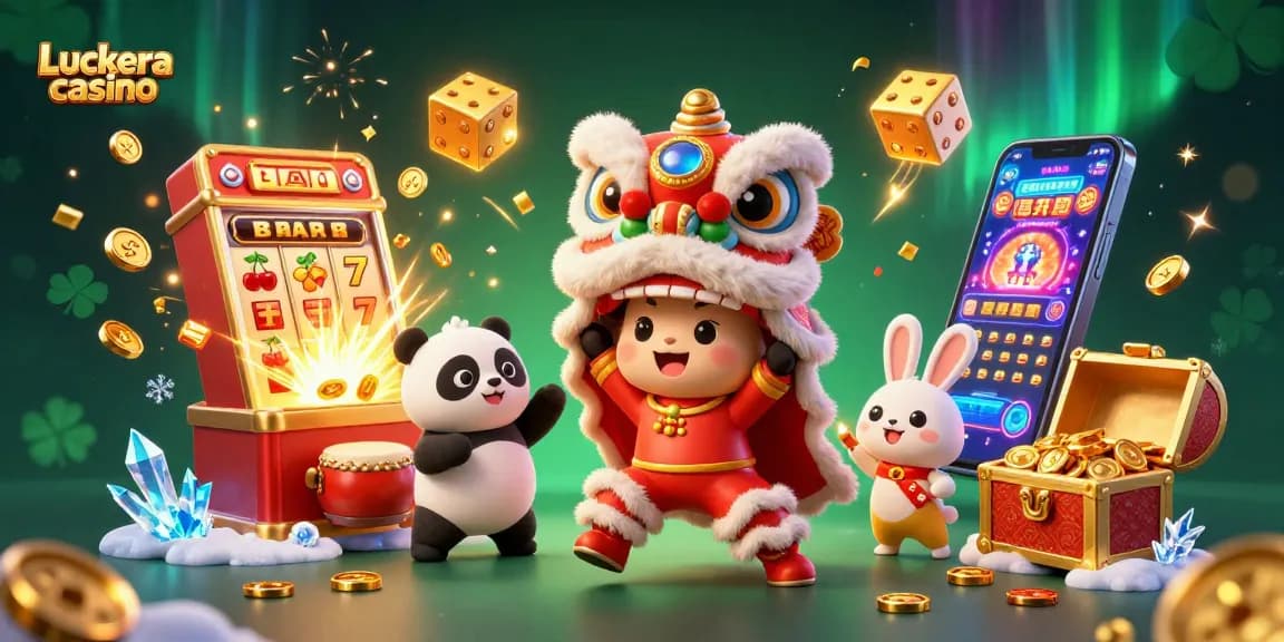 Experience the excitement at Luckera casino with a vibrant 3D illustration featuring energetic characters and a jackpot explosion.