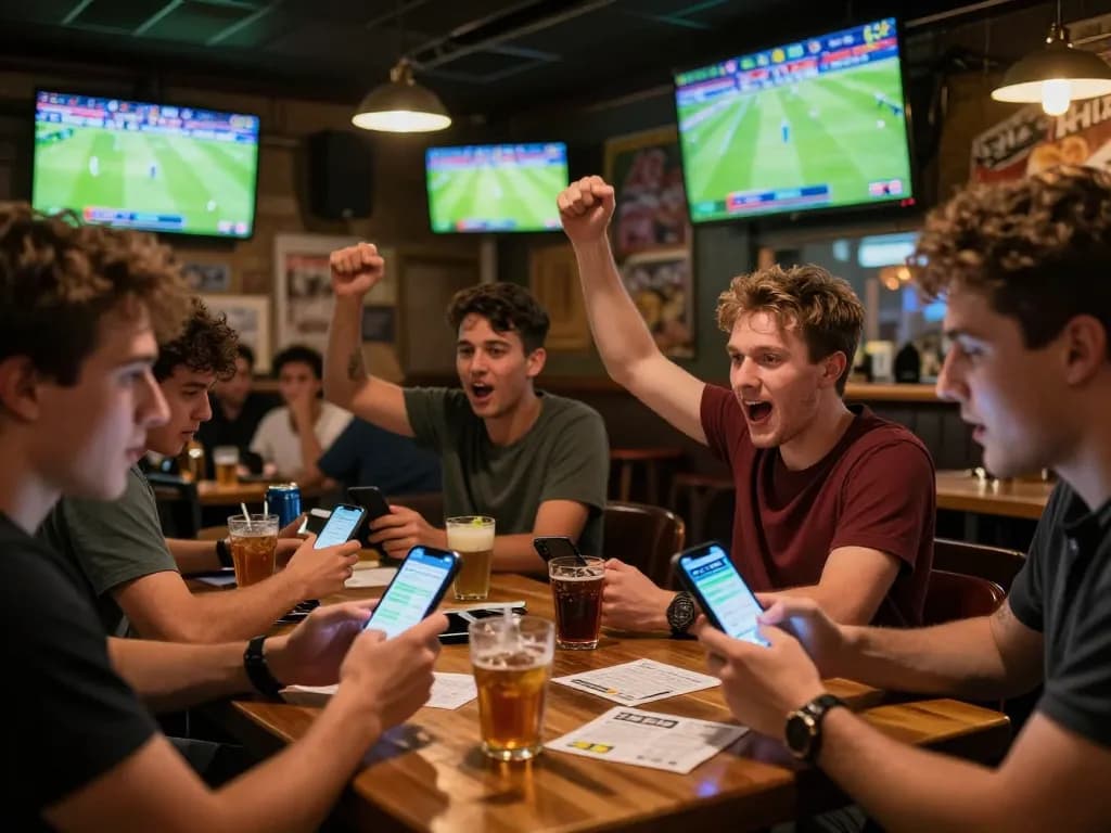 Soi Kèo fans engaging in sports betting while watching live football, showcasing excitement and teamwork.