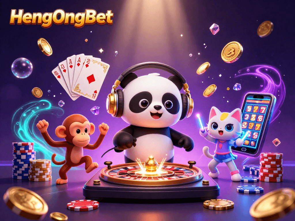 HengOngBet celebrates gaming with a DJ panda and breakdancing monkey amidst casino elements.