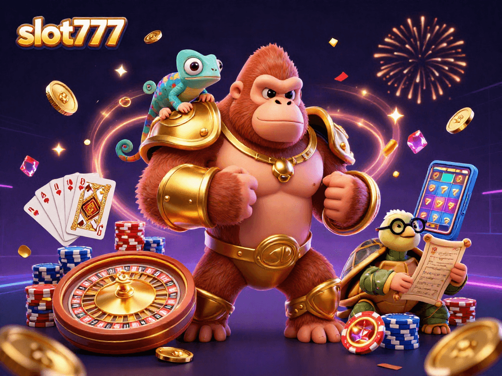 Experience thrilling wins with slot777 in this vibrant 3D casino scene full of excitement.