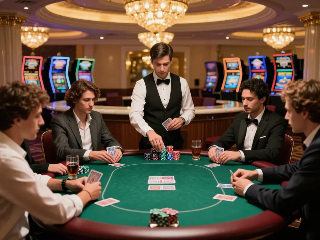 KO66 poker game in an upscale casino setting with players focusing on their cards and chips.