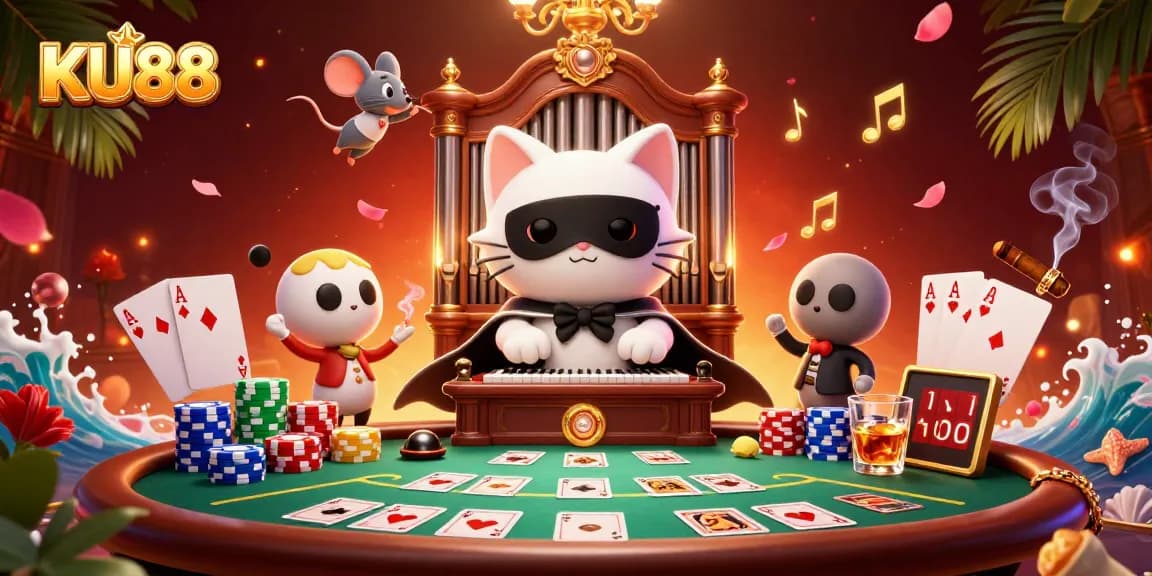 Join the fun at KU88 with a vibrant casino scene featuring poker elements and playful characters.