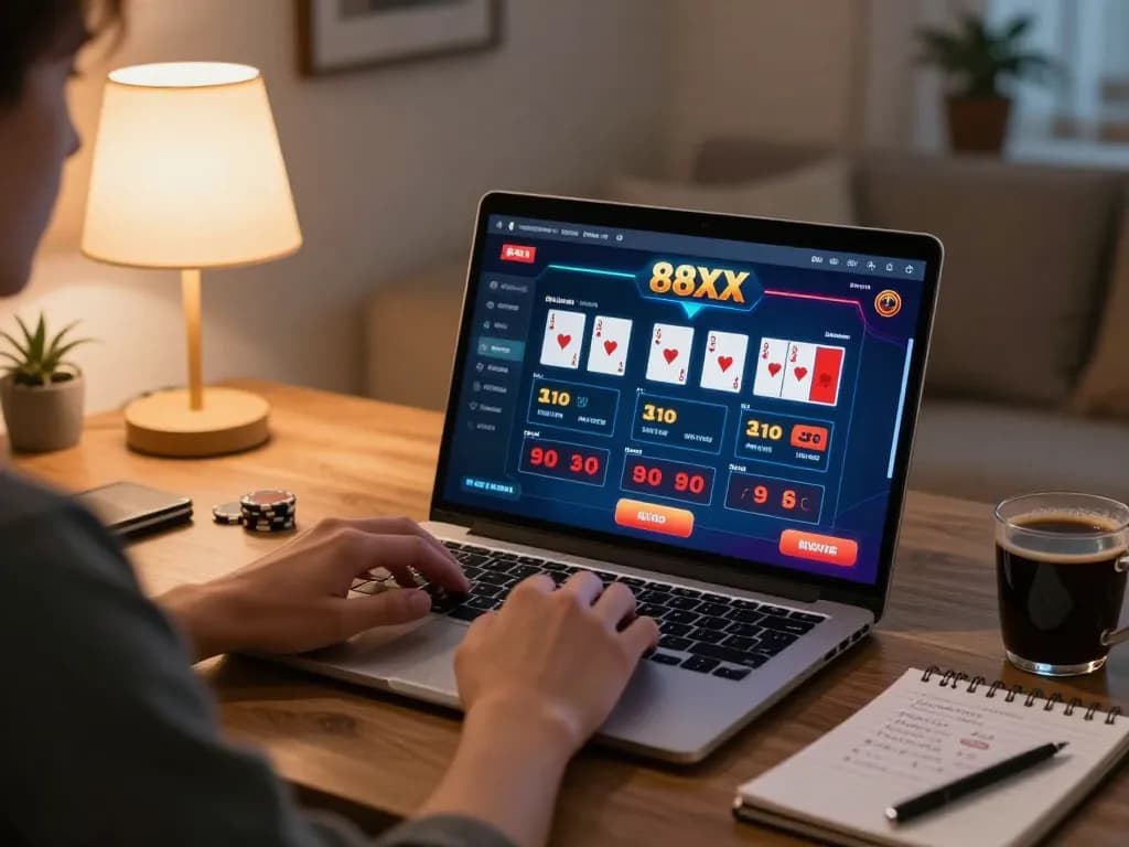 Engaged gamer strategizing gameplay on 88xx online casino platform in a cozy setting.