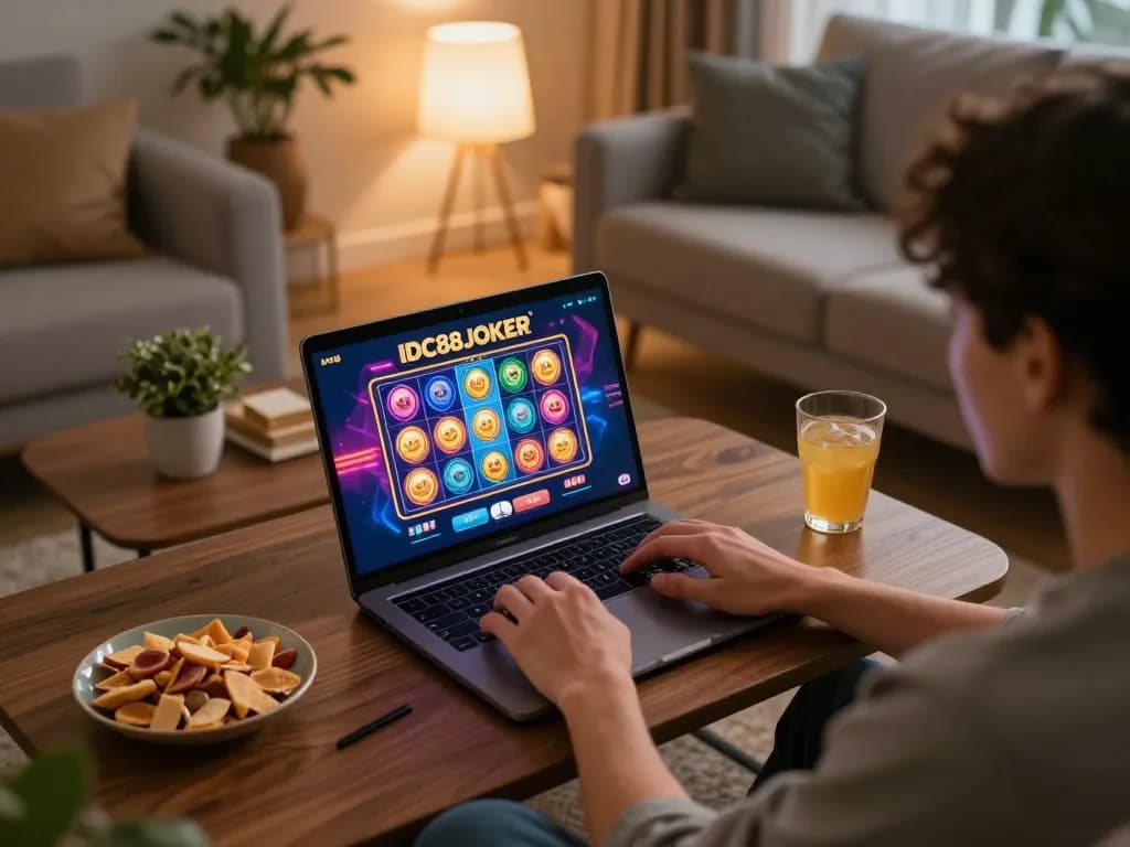 Engaging gameplay on IDC88JOKER's platform, person focused on online slots in a cozy setting.