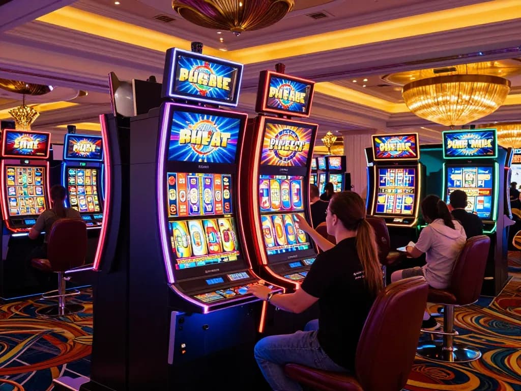 Engaging players at vibrant slot machines in Las Vegas casino showcasing mpoid gaming excitement.