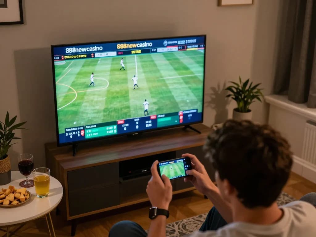Engaging live sports betting action on 888newcasino displayed on smartphone in cozy home setting