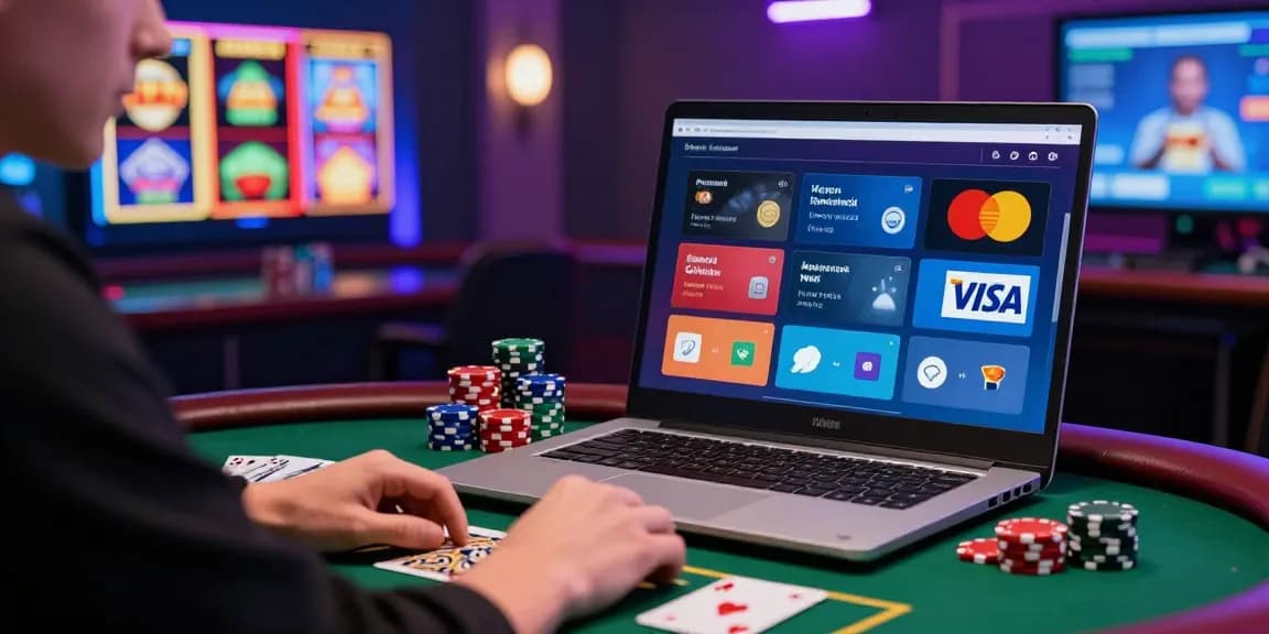 Engaged player enjoying credits at online credit card casinos with vibrant visuals and poker chips.