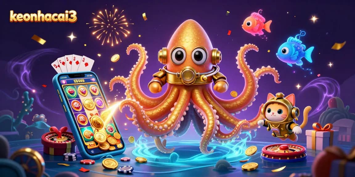 Engage with keonhacai3's vibrant 3D illustration, showcasing colorful casino elements and a dynamic undersea scene.