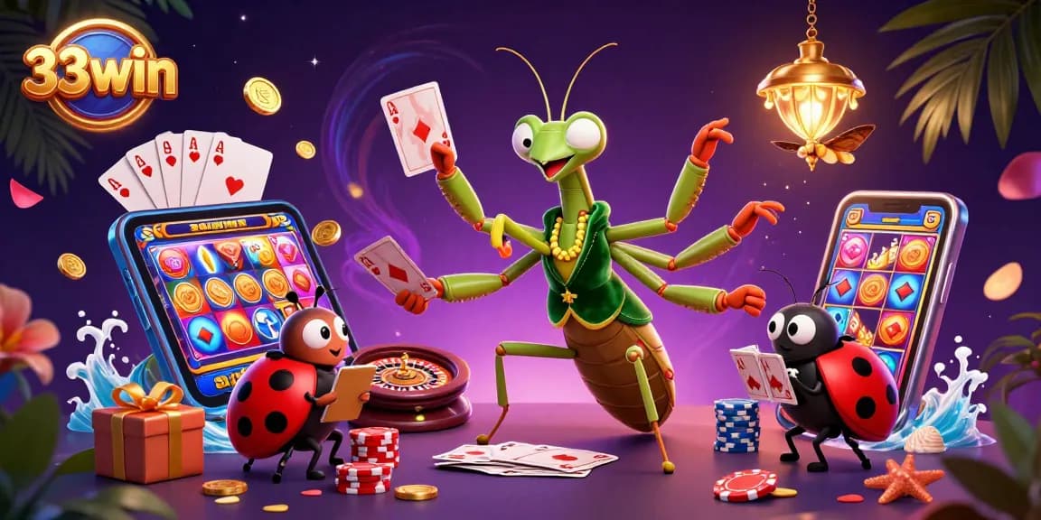 Engaging scene at 33win showcasing a giant mantis card sharp and ladybug pit boss amidst vibrant casino game elements.