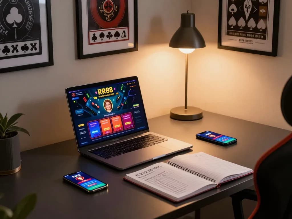 Players engaging in online gambling at RR88 through a modern laptop and smartphone in a cozy home setting.