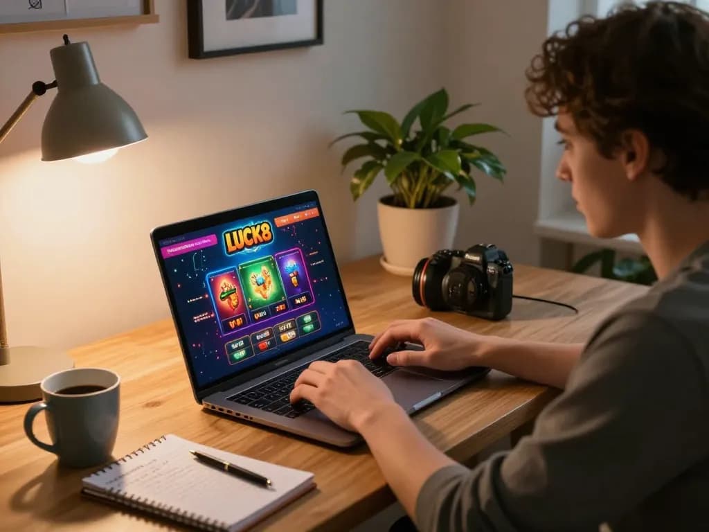 Engaged player using lucks8 online casino interface for strategic betting in a cozy home setup.
