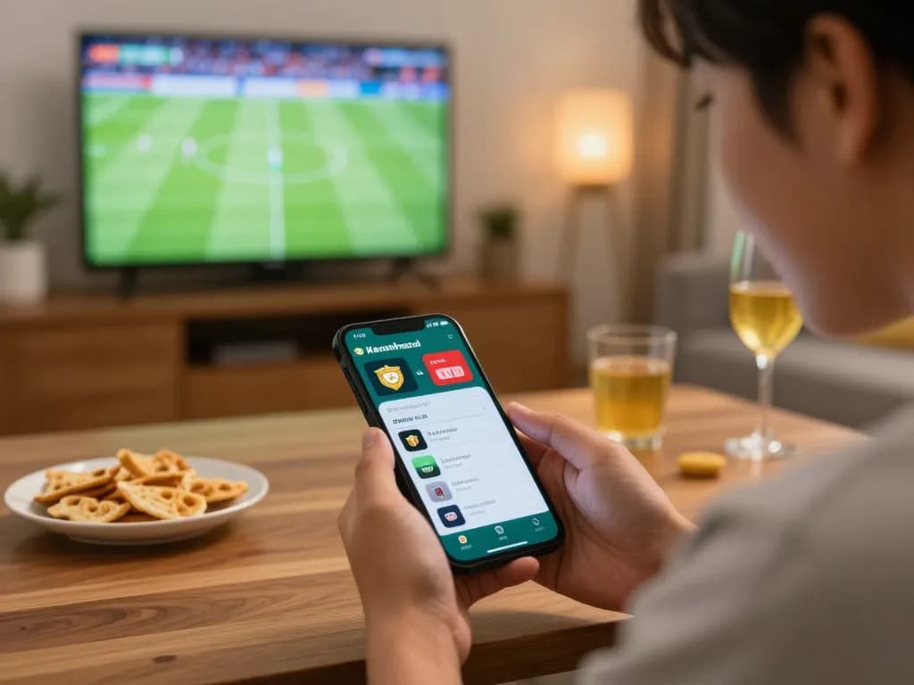 Engaged bettor analyzing real-time keonhacai sports odds while watching live football match