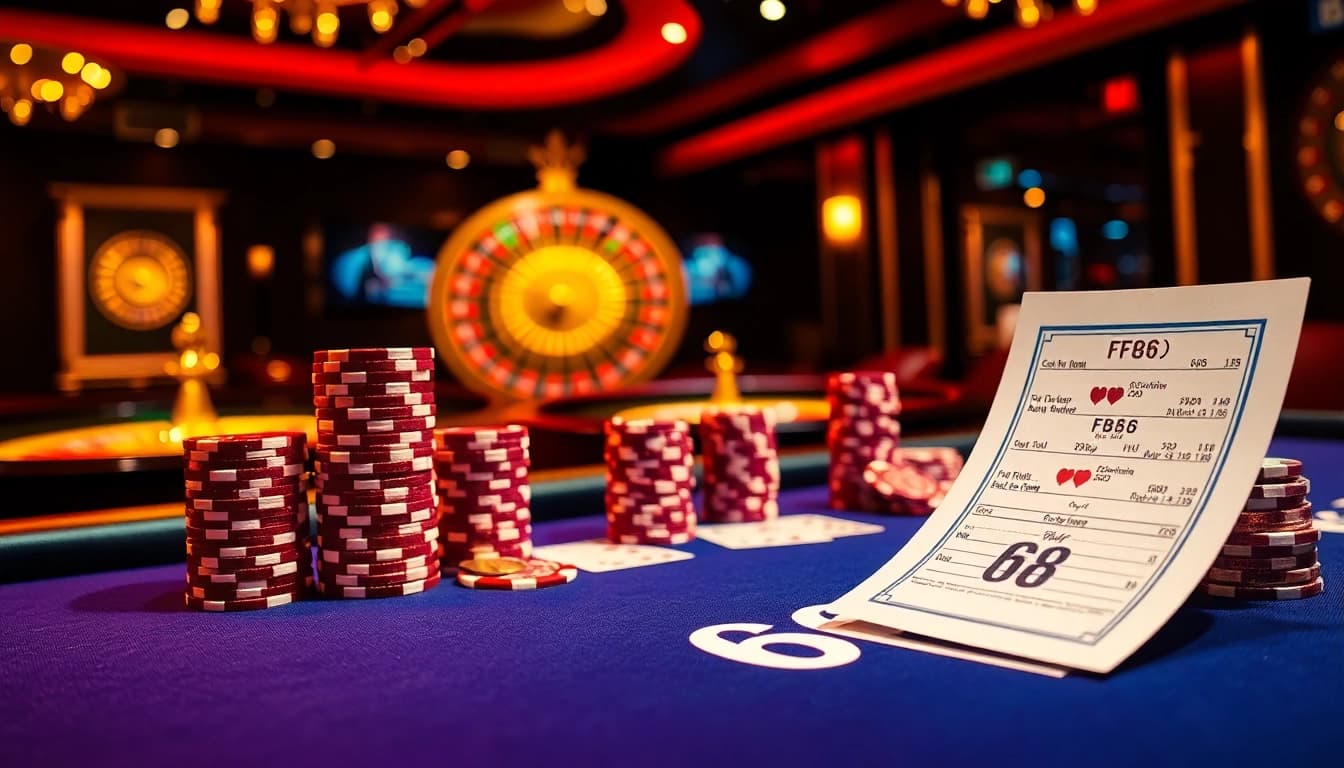 Experience exhilarating poker action at the FB68 casino table with vibrant chips and cards.