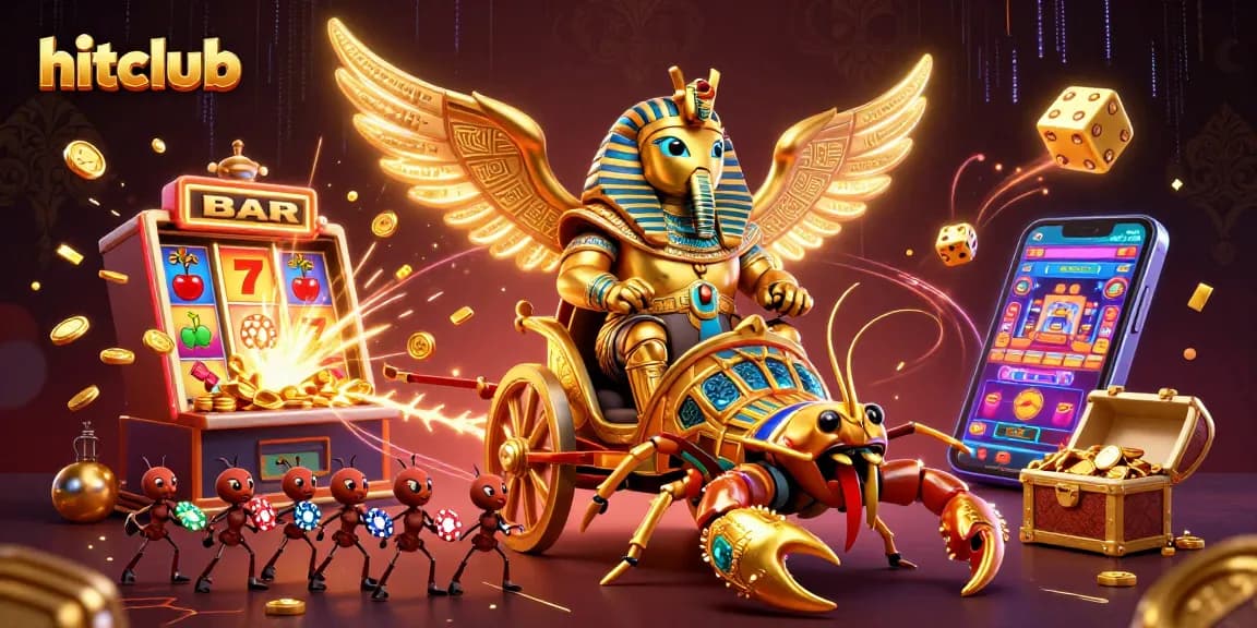 Experience jackpot excitement at Hitclub with golden scarab and dynamic gambling elements.