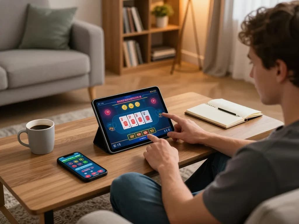 Engaged player using the uu88 platform to strategize betting on a live dealer game from home.