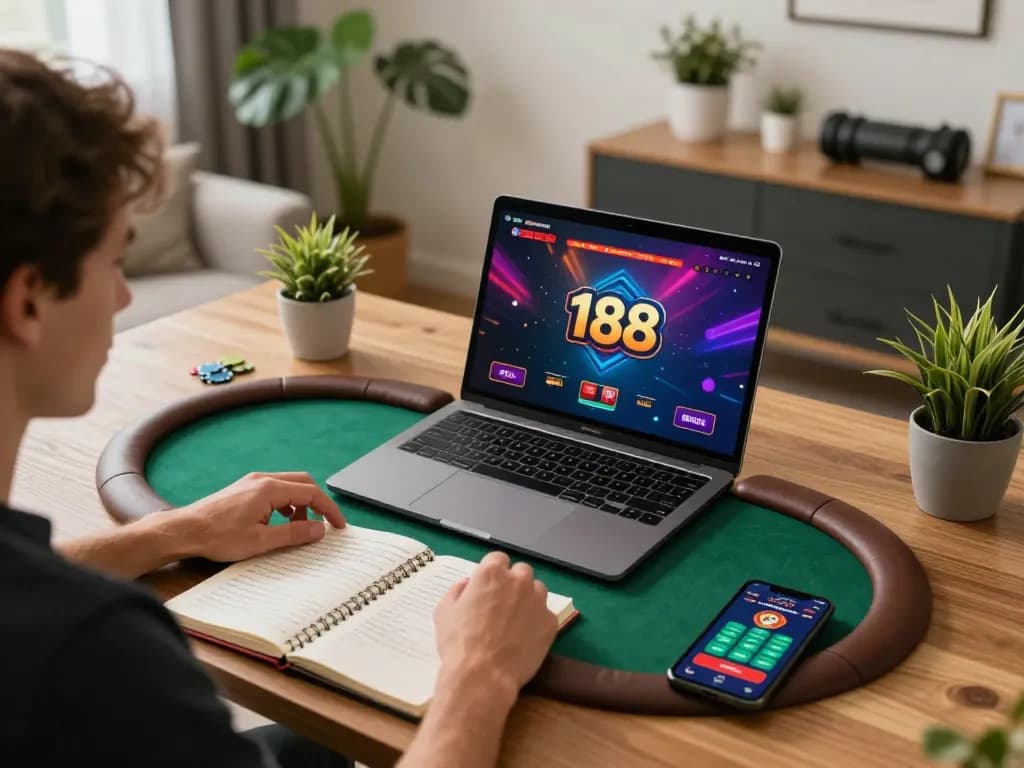 Engaged player strategizing in online poker game with n188, showcasing a cozy home atmosphere.