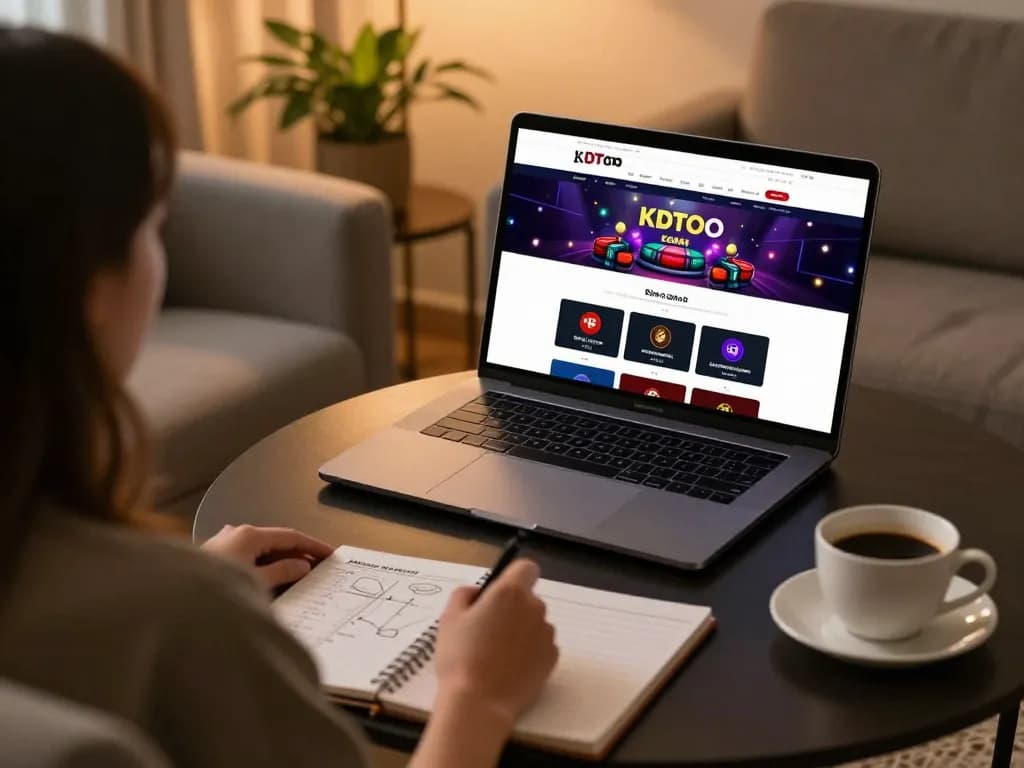 KDTOTO player engaged in online casino gaming at home with strategic notes and warm lighting.
