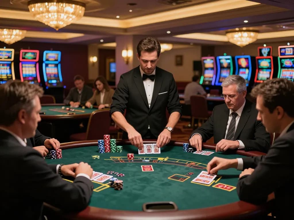 Players engaging in a thrilling blackjack game at a sophisticated casino while stacked chips create a g28 atmosphere.