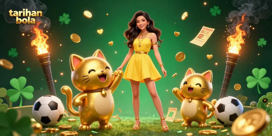 Engage in taruhan bola with a joyful Asian woman and a lucky cat mascot amidst vibrant sports elements in a festive scene.
