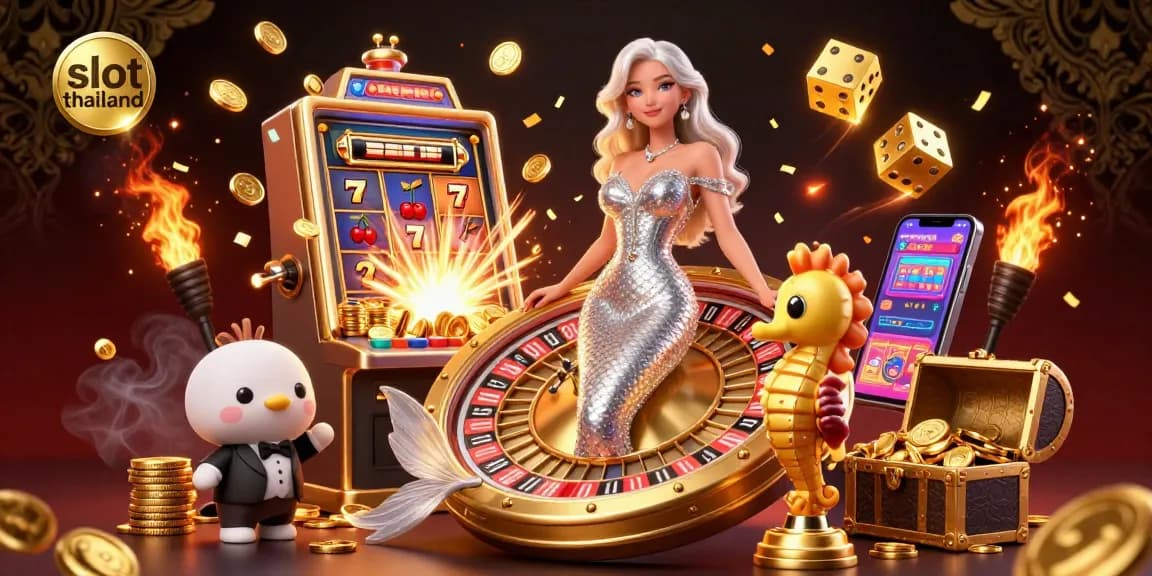 Experience thrilling gameplay with slot thailand, featuring a stylish mermaid by a golden roulette wheel and vibrant slot game elements.